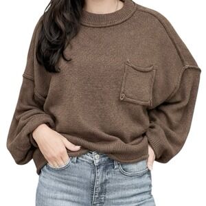 POL Brown Cotton Knit Sweater Womens Large Oversized Pocket Rolled Hem Edges